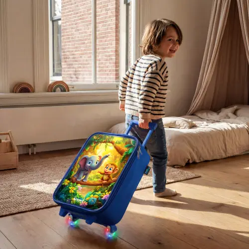 Olifant en aapje in kleurrijke jungle Kinderkoffer - Blauw klein -sfeer1