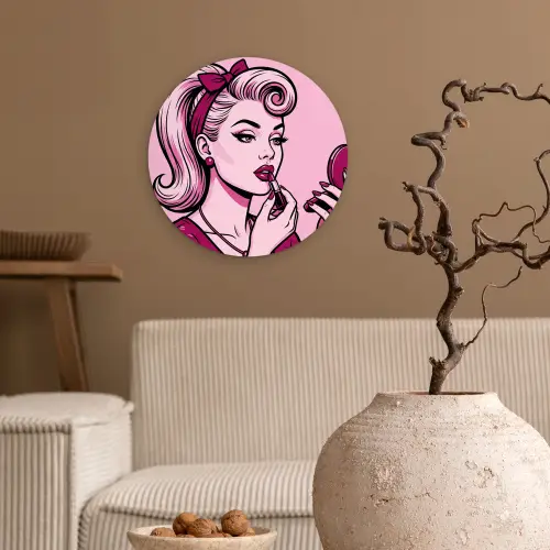 Vintage - Vrouw - Roze Wandcirkel kunststof plaat 5mm dik klein -sfeer1