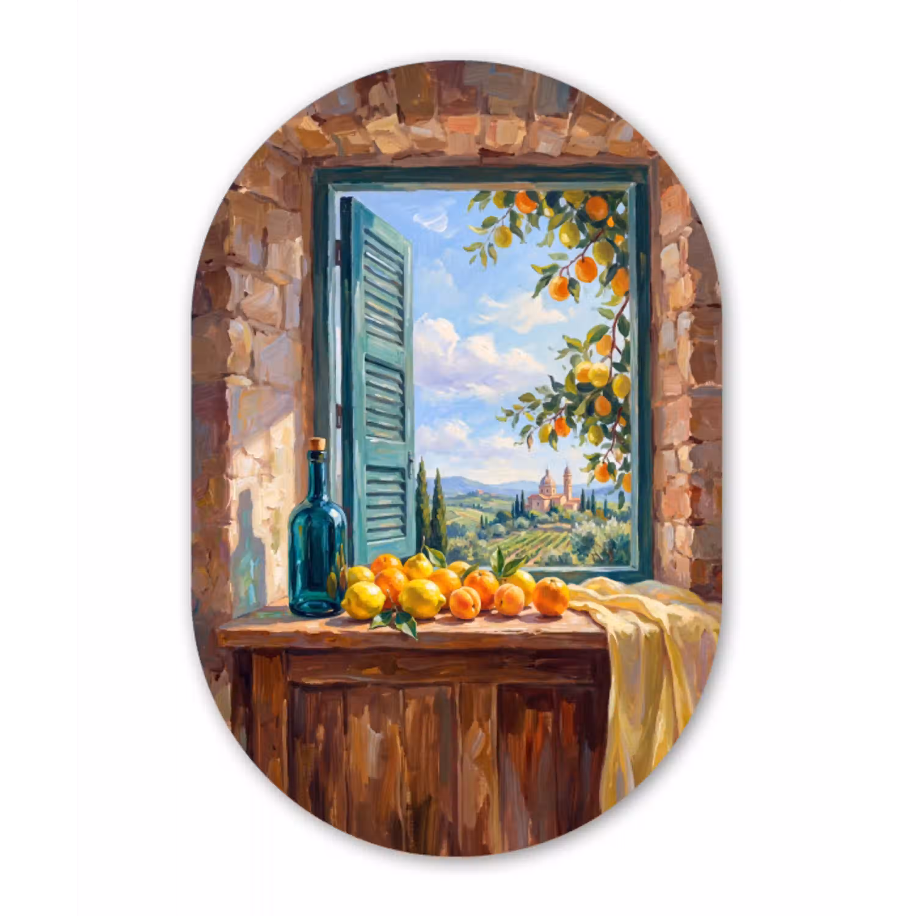 Fles - Fruit - Stilleven Wandcirkel Ovaal Aluminium middel -3d