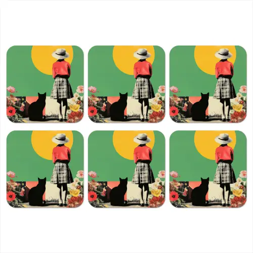 Retro - Meisje - Kat - Zon onderzetter kurk middel -3d