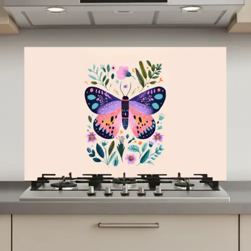 Bloemen - Bladeren - Vlinder - Kleurrijk keuken achterwand spatscherm klein -3d_website