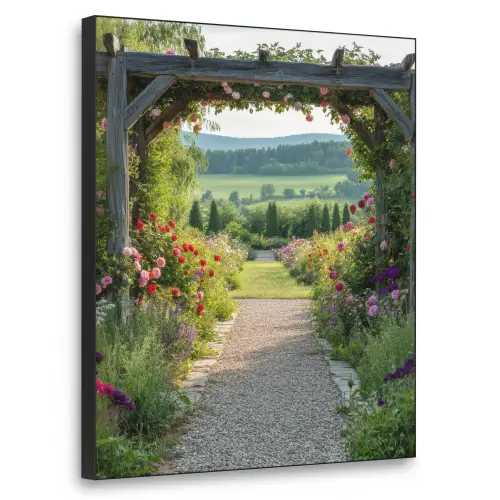 Doorkijk - Landschap - Natuur - Tuinboog - Bloemen Textielframe - compleet frame klein -3d