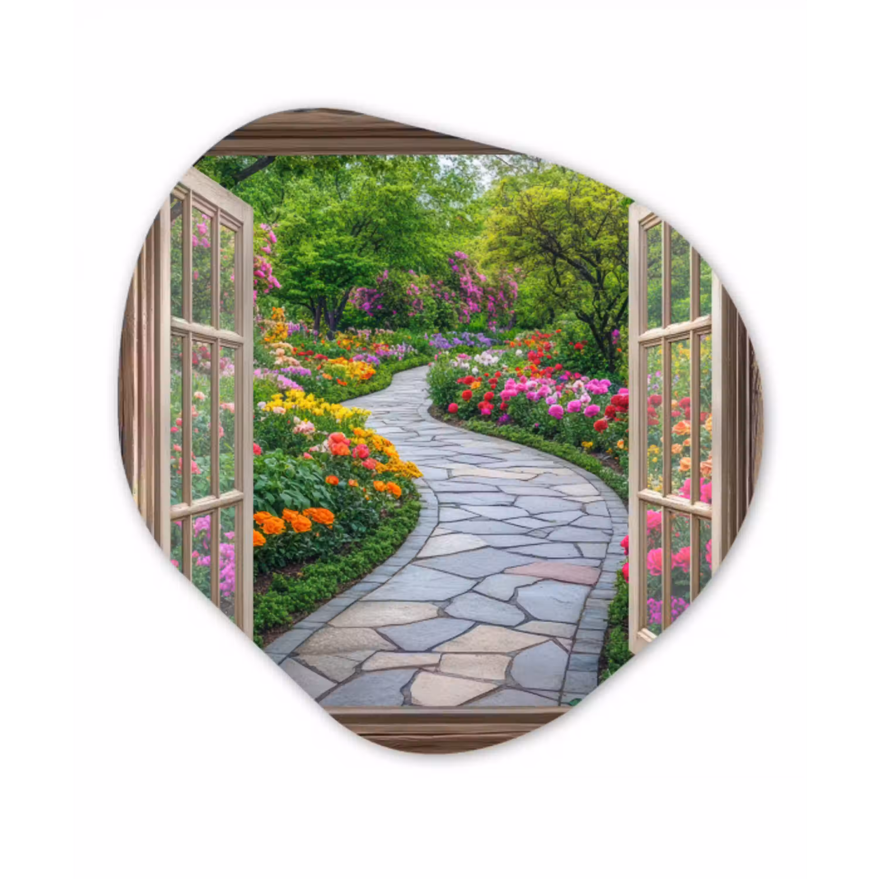 Doorkijk - Bloemen - Tuinpad - Natuur - Raam Wandcirkel Organisch Aluminium middel -3d