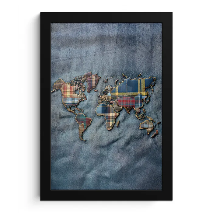 Wereldkaart - Denim - Textiel fotolijst zwart zonder passe partout klein -3d