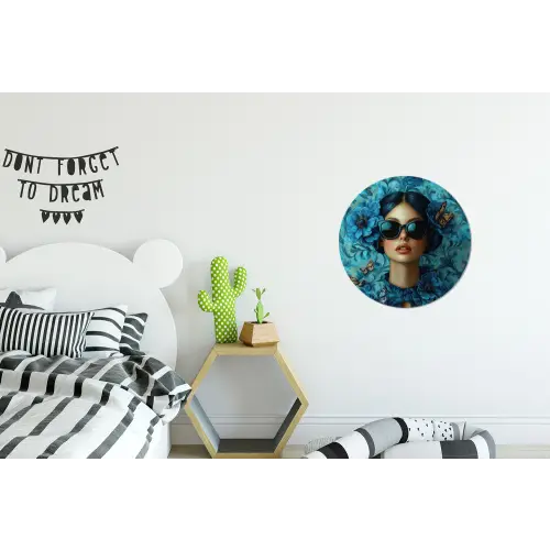 Vrouw - Bloemen - Vlinders - Blauw - Abstract Wandcirkel aluminium klein -kinderkamer