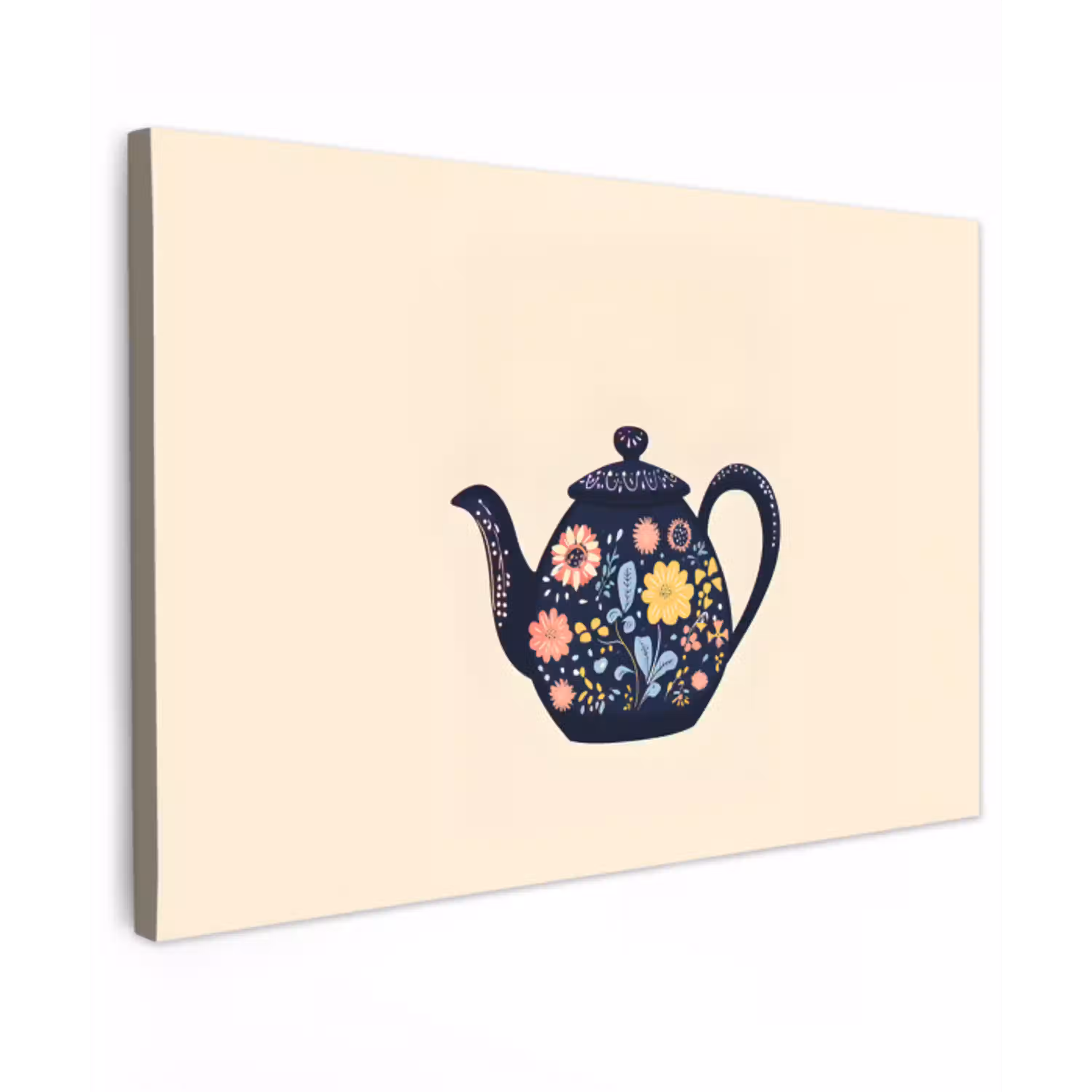Theepot - Kleurrijk - Bloemen Tuinposter op houten frame 2 cm dik klein -3d