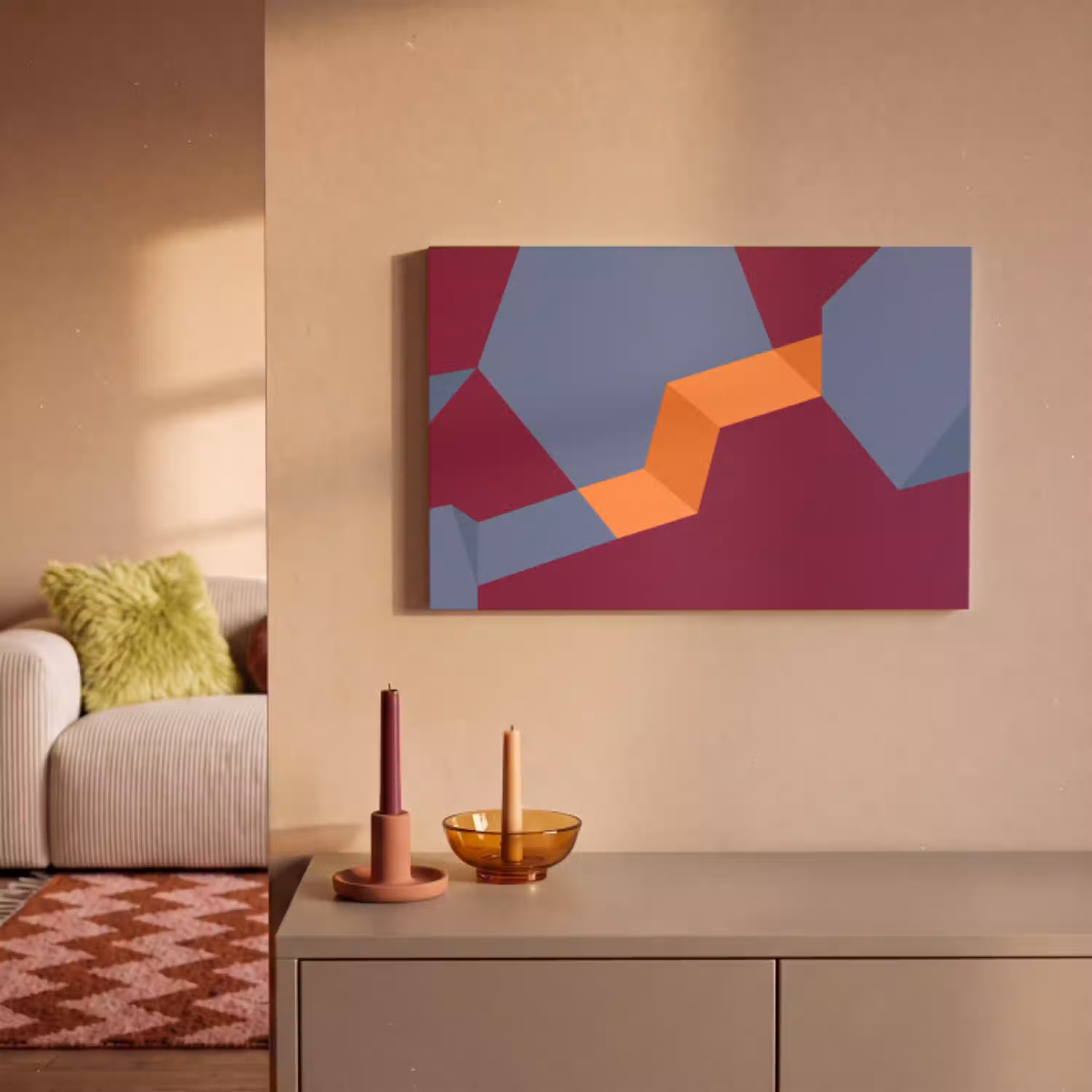 Abstract - Vormen - Modern - Blauw - Oranje canvas 2cm klein -sfeer1