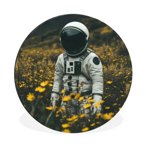 Astronaut - Bloemen - Veld - Geel Wandcirkel aluminium klein -3d