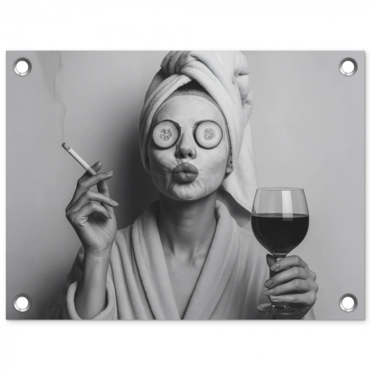Vrouw - Masker - Wijn - Sigaret tuinposter los doek klein -3d