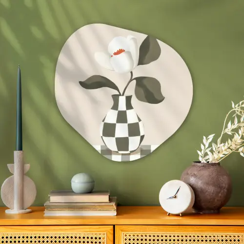 Vaas - Geruit - Groen - Bloem Wandcirkel Organisch Plexiglas middel -sfeer2