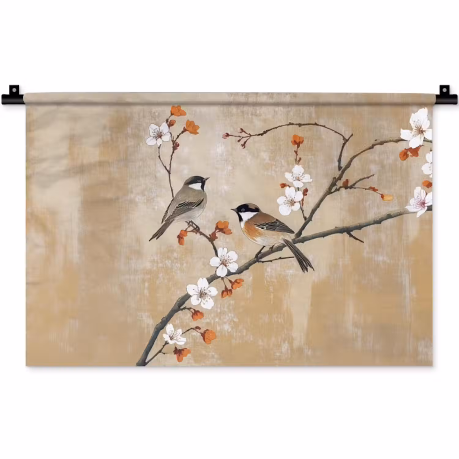 Wandkleed - Vogels - Bloesemtak - Bloemen - Oranje