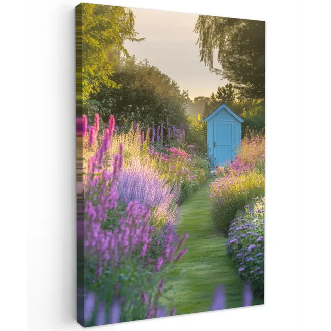 Tuinhuisje - Blauw - Bloemen Tuinposter op houten frame 2 cm dik klein -3d