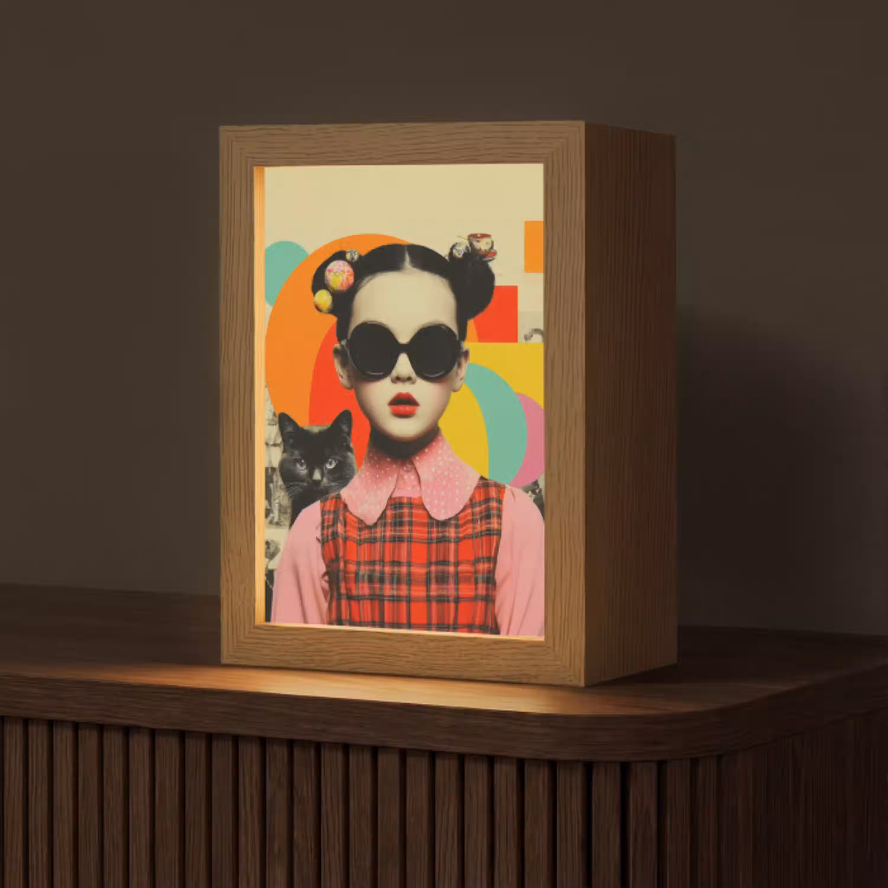 Meisje - Zonnebril - Kat - Retro Light Box met kabel (Tafellamp) klein -z3d_website