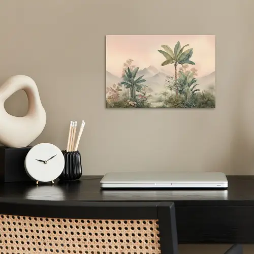 Tropisch landschap - palmbomen - Bloemen - Roze lucht poster papier klein -sfeer1