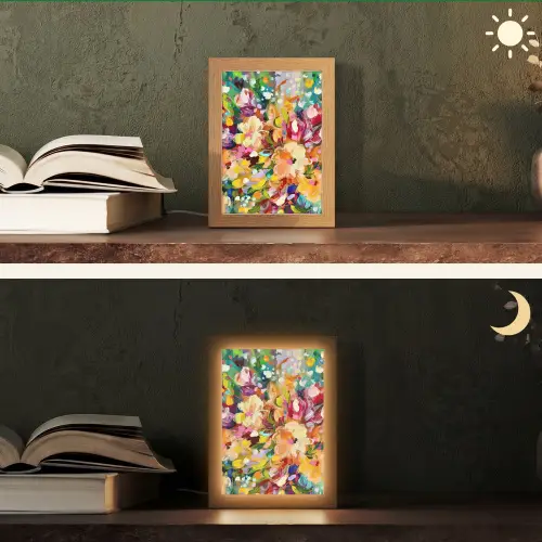 Schilderij - Olieverf - Bloemen - Regenboog Light Box met kabel (Tafellamp) klein -sfeer3