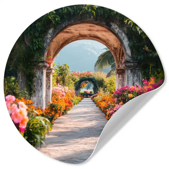 Doorkijk - Bloemen - Tropisch - Kleurrijk Wandcirkel behangsticker klein -3d