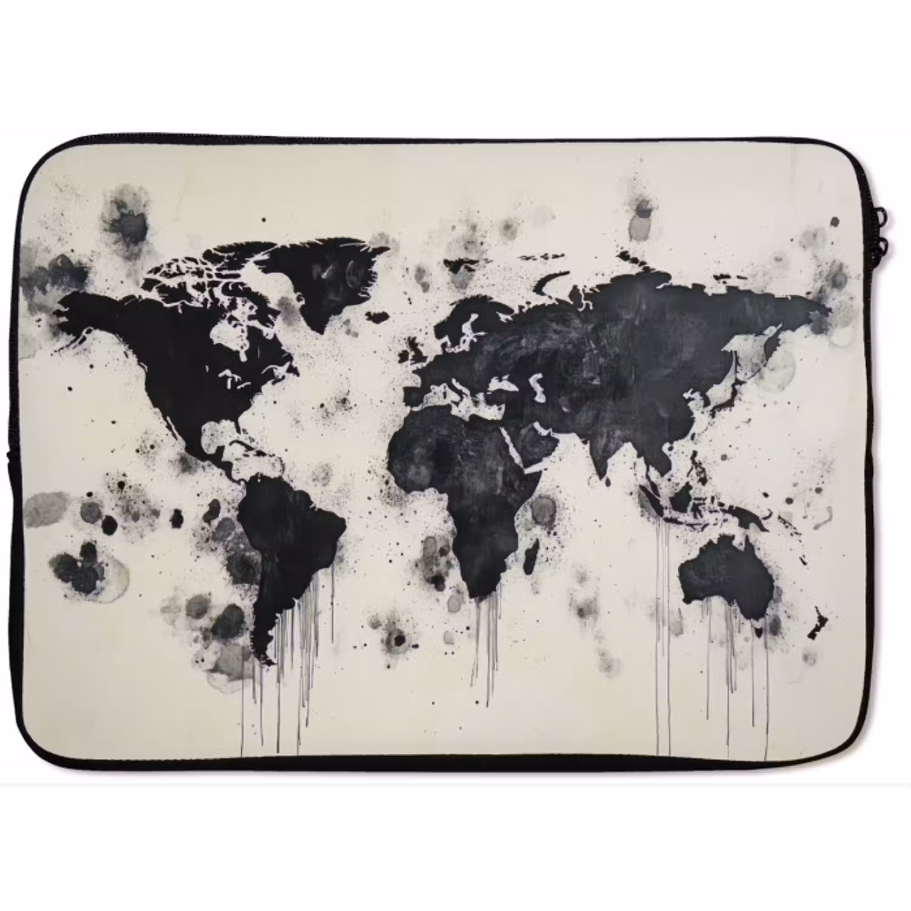 Wereldkaart - Zwart - Inkt laptophoes neopreen klein -zkaufland3dotto