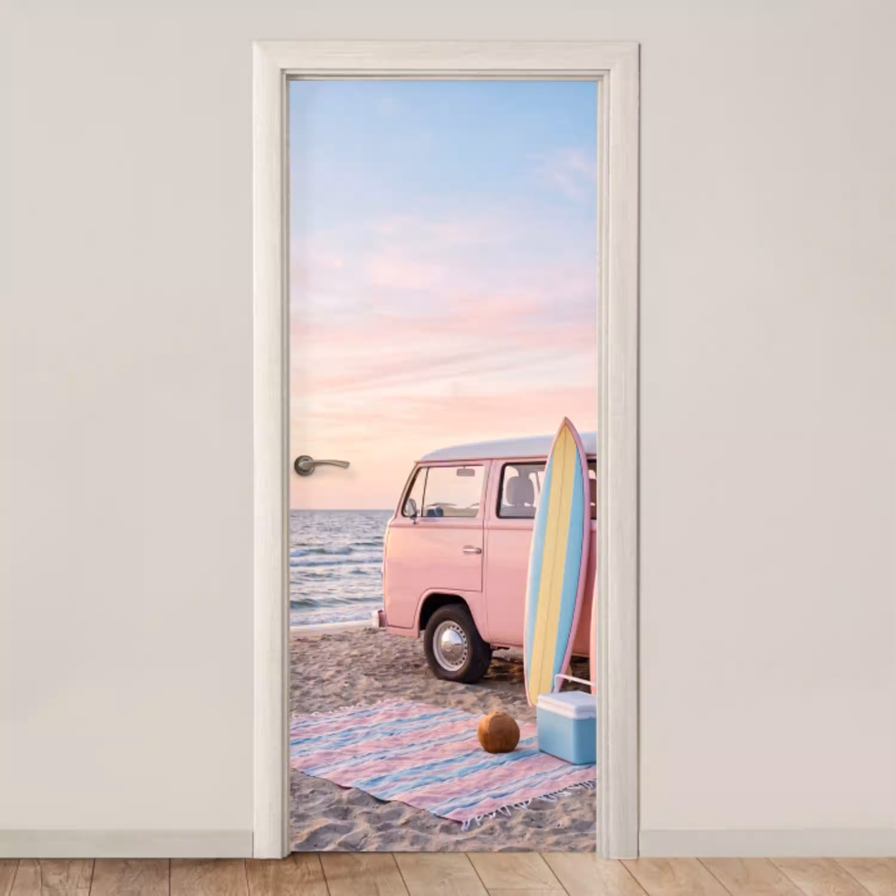 Busje - Strand - Surfplank - Zomer - Roze deurposter klein -3d_beige
