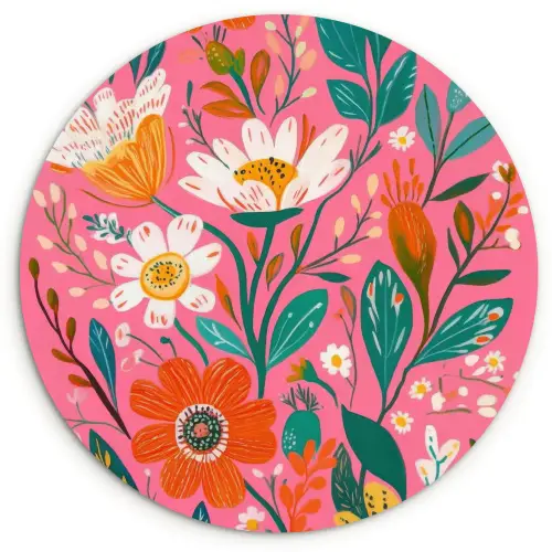 Roze - Bloemen - Wit - Oranje Wandcirkel kunststof plaat 5mm dik klein -3d