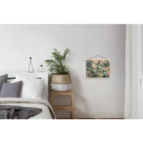 Compositie van bladeren - Groen - Roze textielposter latten blank klein -woonkamer