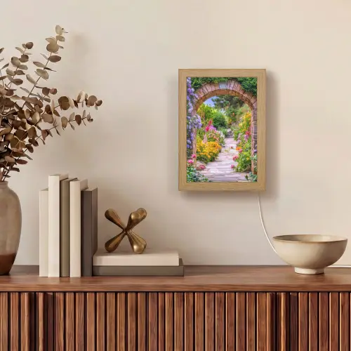 Doorkijk - Bloemen - Pad - Natuur Light Box met kabel (Tafellamp) klein -sfeer2