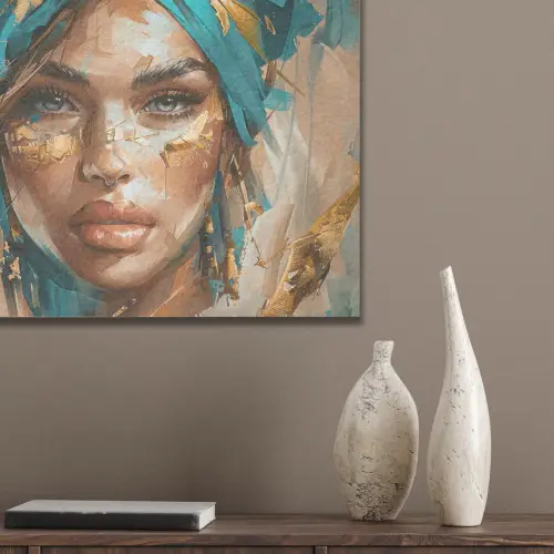 Vrouw - Portret - Goud - Luxe - Blauw PET vilt klein -sfeer6_closeup