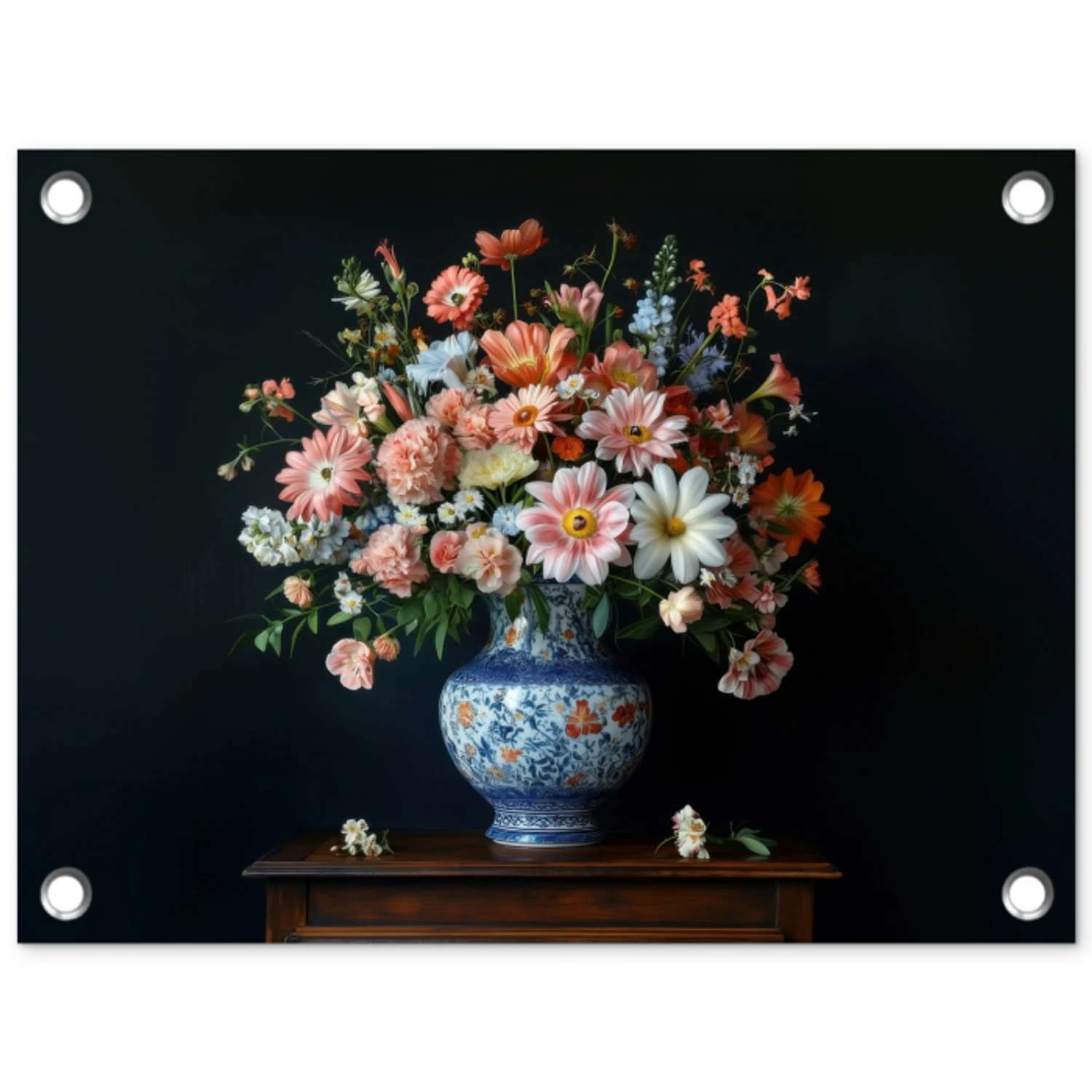 Hout - Vaas - Kleuren - Bloemen tuinposter los doek klein -3d