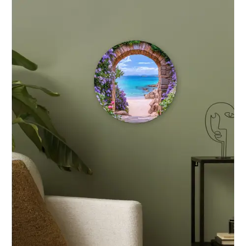 Doorkijk - Poort - Zee - Strand - Rotsen Wandcirkel kunststof plaat 5mm dik klein -sfeer3
