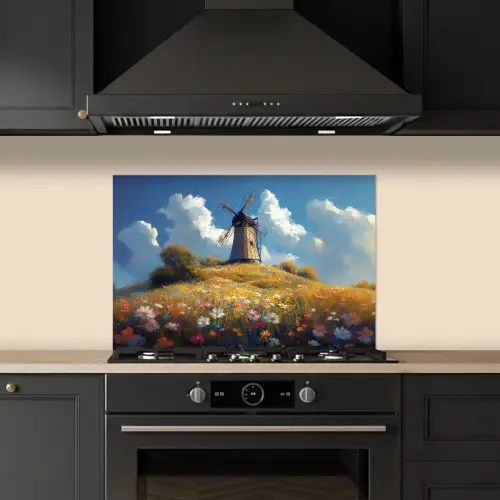 Windmolen - Heuvel - Bloemen - Kleurrijk keuken achterwand spatscherm klein -sfeer1