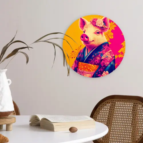 Varken - Bloemkroon - Kimono - Abstract Wandcirkel kunststof plaat 5mm dik klein -sfeer4
