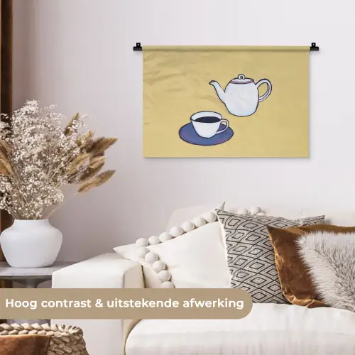 Theepot - Kopje - Beige - Illustratie Wandkleed katoen klein -sfeer1