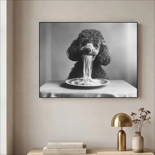 Poedel - Hond - Zwart - Wit - Schattig - Pasta Textielframe - compleet frame klein -sfeer2