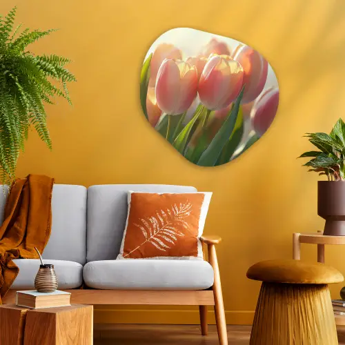 Tulpen - Roze - Zonnestralen Wandcirkel Organisch Aluminium middel -sfeer4