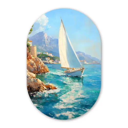 Zeilboot - Rotsen - Kust - Huizen Wandcirkel Ovaal Forex klein -3d