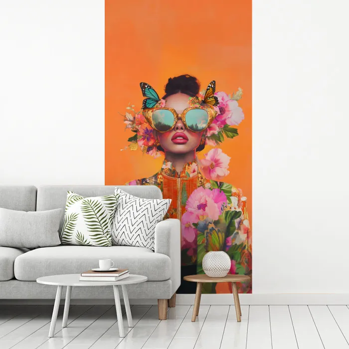 Vlinders - Vrouw - Zonnebril - Kleurrijk fotobehang vinyl groot -woonkamer