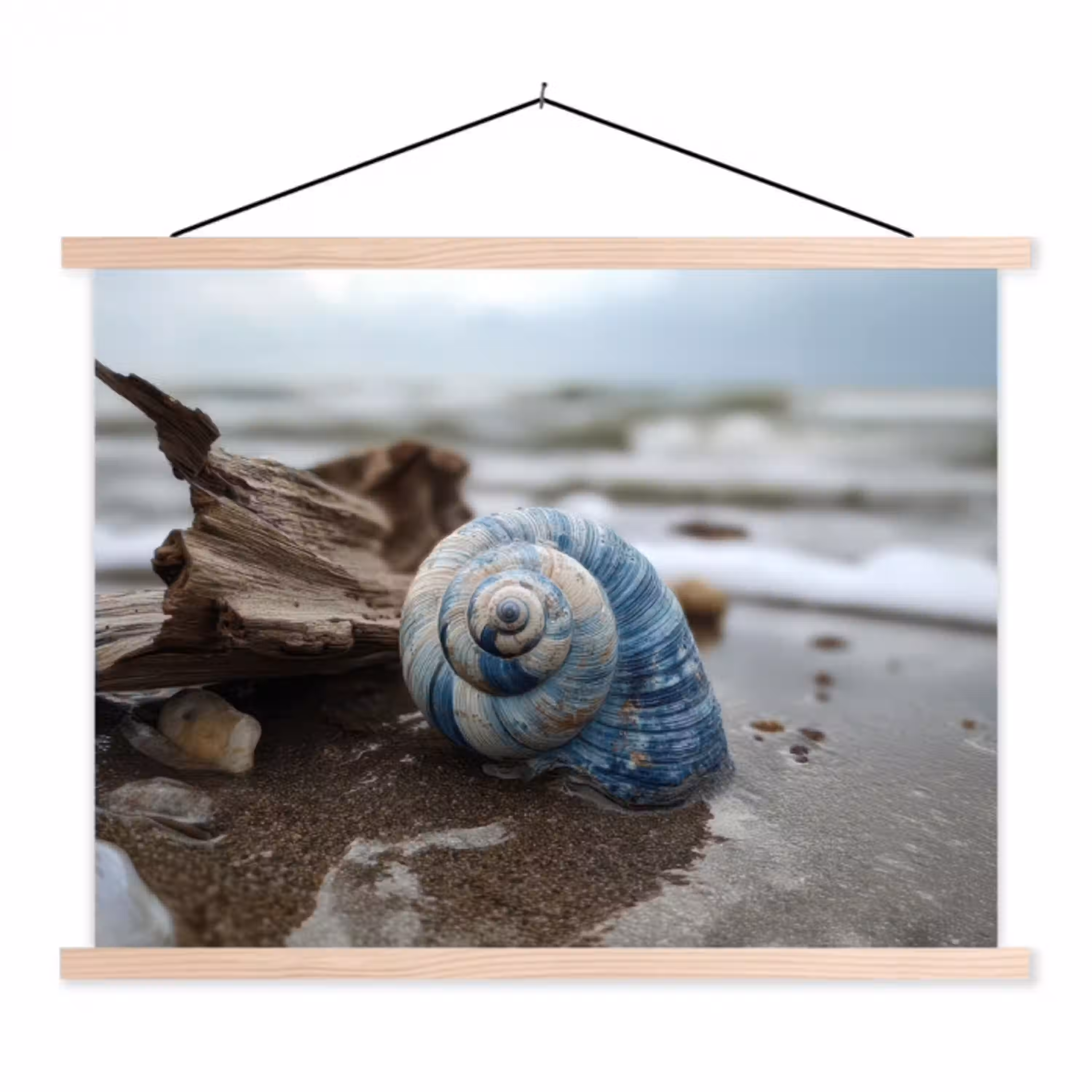 Schelp - Strand - Blauw - Zee textielposter latten blank klein -3d