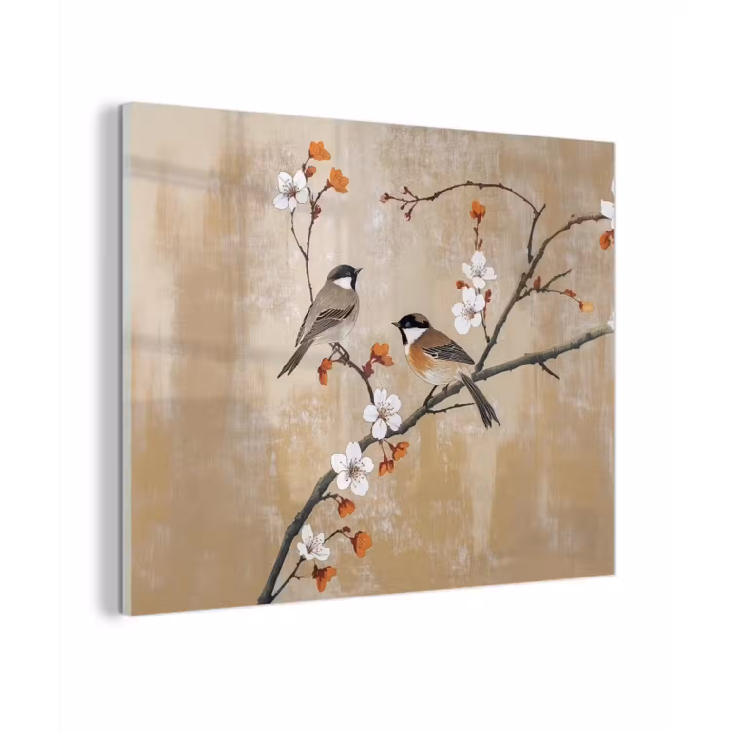 Glas schilderij - Vogels - Bloesemtak - Bloemen - Oranje
