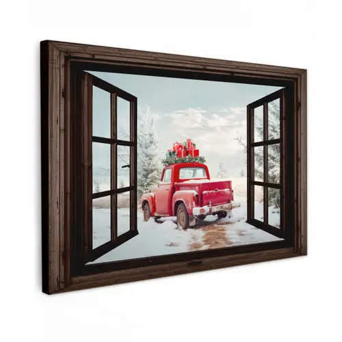Doorkijk - Auto - Rood - Cadeaus - Winterlandschap - Kerst Tuinposter op houten frame 2 cm dik klein -3d