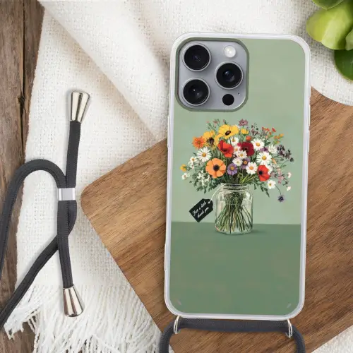 Bloemen - Vaas - Kaartje Hoesje iPhone 16 Pro Max met koord klein -sfeer4