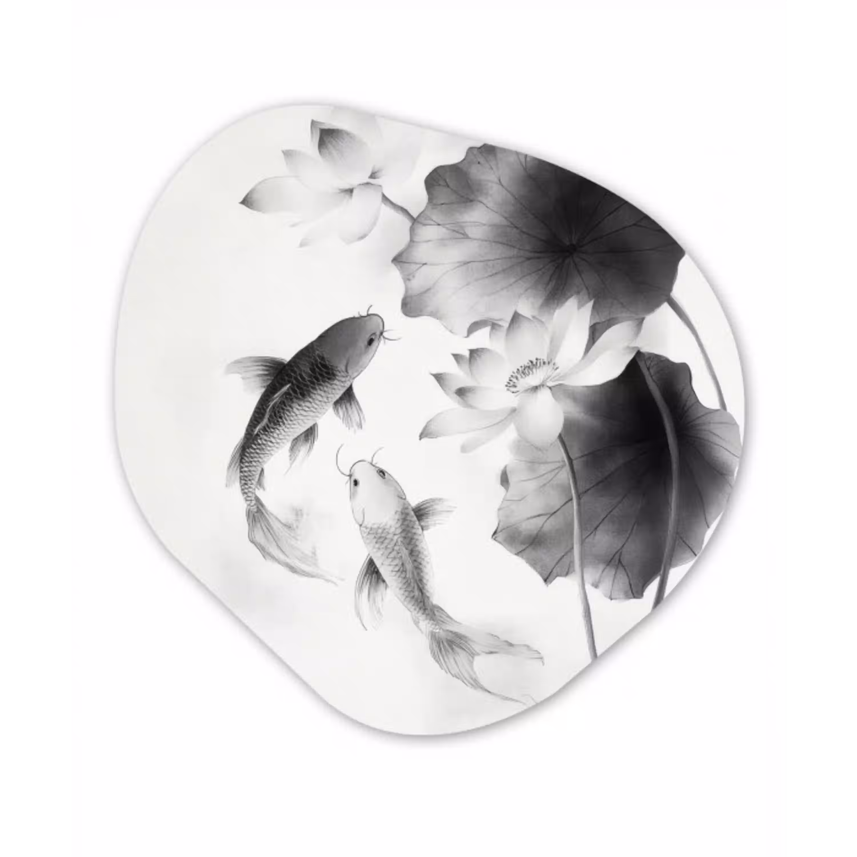 Lotusbloemen - Vissen - Bladeren - Zwart Wandcirkel Organisch Plexiglas middel -3d