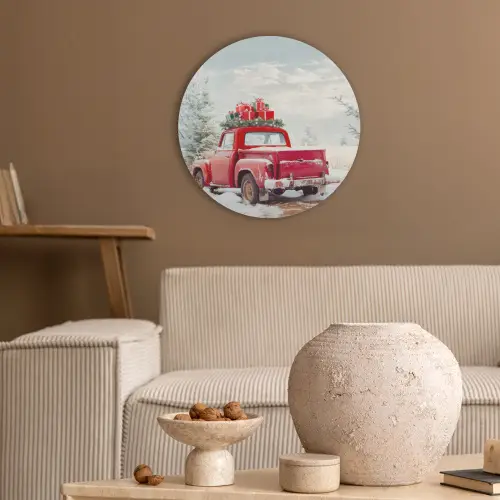 Auto - Rood - Cadeaus - Winter - Sneeuw - Kerst Akoestische PET Vilt - Rond klein -sfeer1
