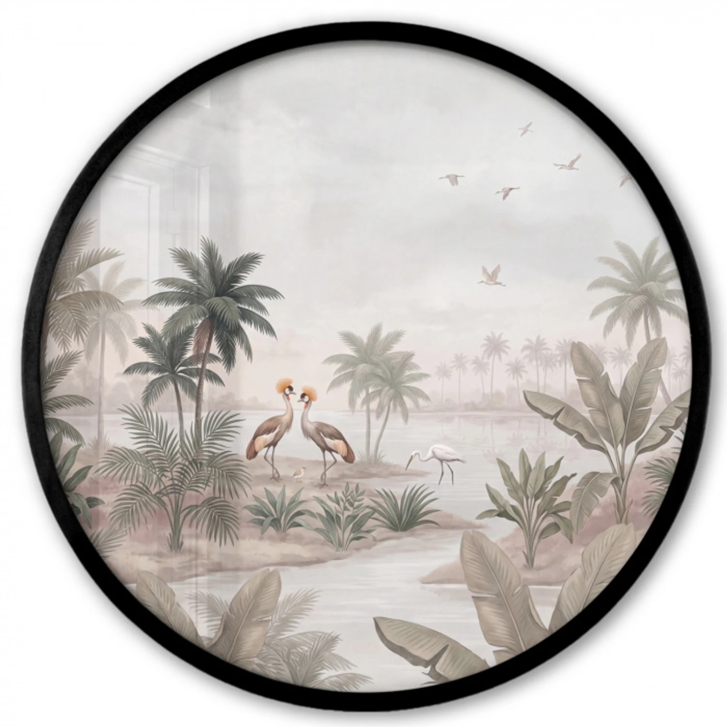 Kraanvogels - Palmbomen - Tropisch Fotolijst rond zonder passe partout klein -3d