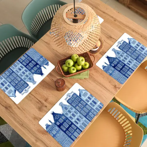 Aquarel - Grachtenpanden - Delfts - Blauw Placemat vinyl groot -zzsfeer5_Kitchenyeah-website
