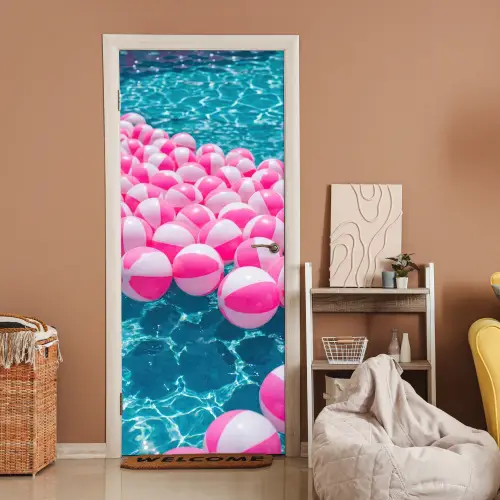 Strandballen - Roze - Water deurposter klein -sfeer1