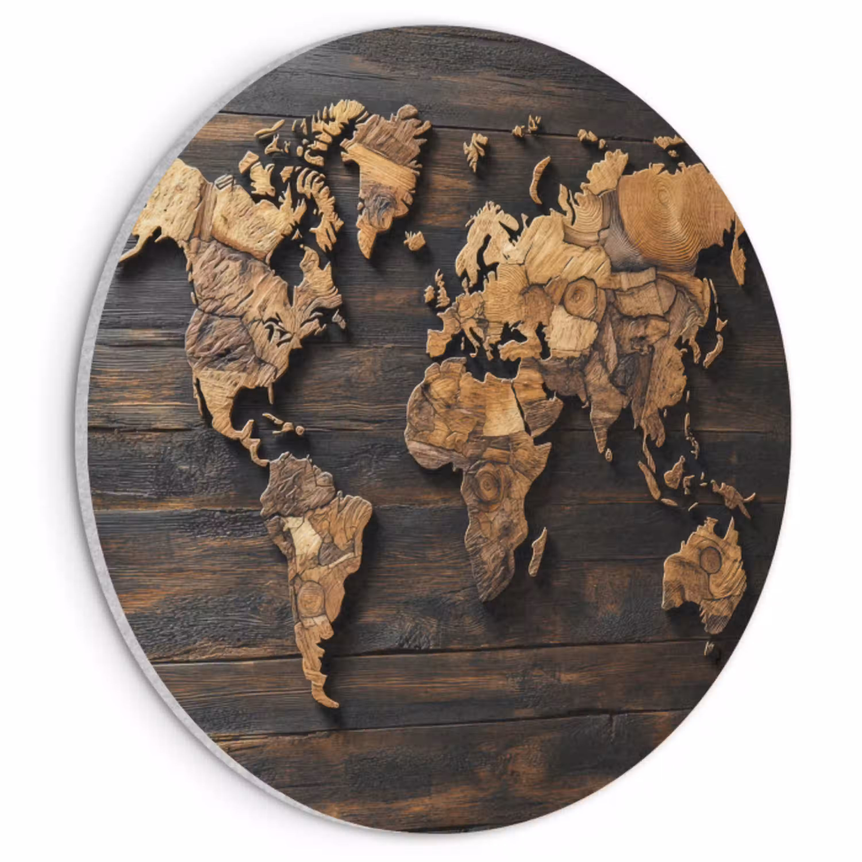 Wereldkaart -  Hout - Mozaïek Akoestische PET Vilt - Rond klein -3d
