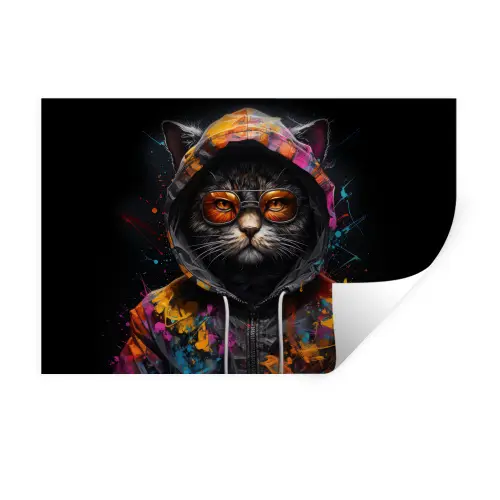 Kat - Jas - Graffiti - Bril - Zwart Muursticker klein -3d