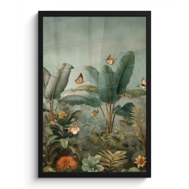 Poster met lijst - Tropisch bladerdek - Vlinders - groen - Bruin