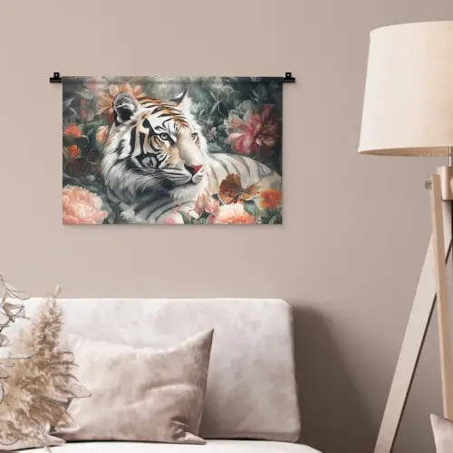 Tijger - Wilde dieren - Bloemen - Jungle Wandkleed katoen klein -sfeer4