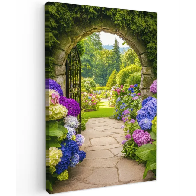 Buiten canvas - Doorkijk - Poort - Hortensia - Bloementuin