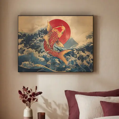 Koi - Zee - Golven - Zon Textielframe zwart klein -sfeer1